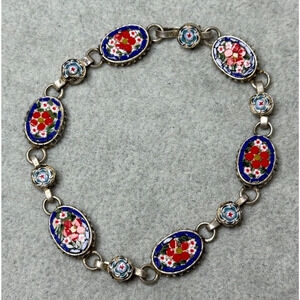 Vintage Italian Micro Mosaic 7.5" Oval Link Bracelet Silver Tone Blue Red Floral